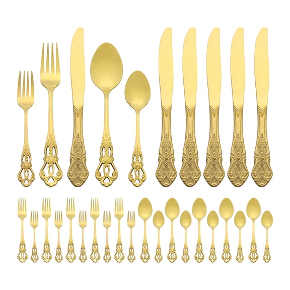 30 Piece Silverware Set, Stainless Steel Flatware Set with Openwork Pattern, Mirror Polished Serving Utensils Set for Dinner Gold 30