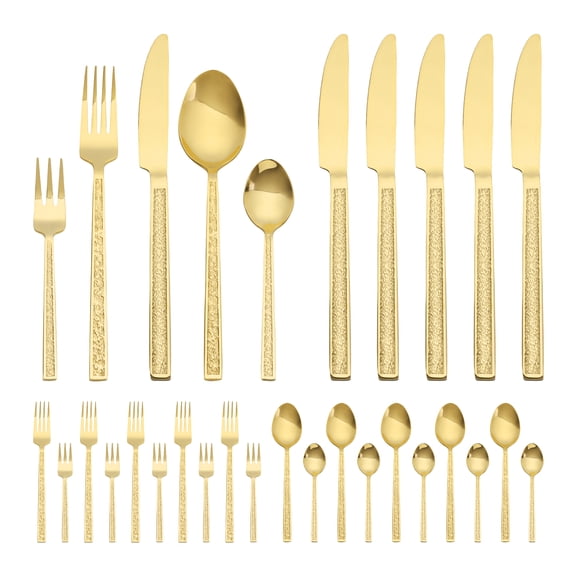 30 Piece Silverware Set, Stainless Steel with Texture Flatware Set for 6, Modern Cutlery Set Includes Knife, Fork, Spoon Gold 30