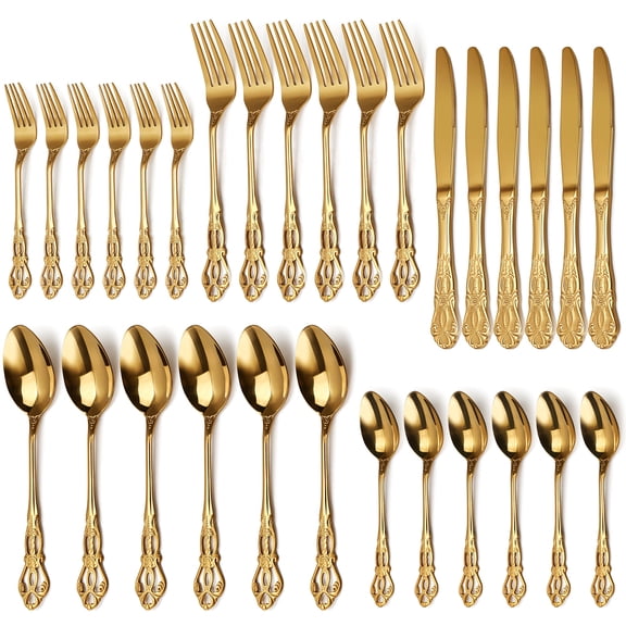 30-Piece Stainless Steel Tableware Set - Black/Gold Imperial Style - Service for 6 - Dishwasher Safe - Perfect for Home & Parties