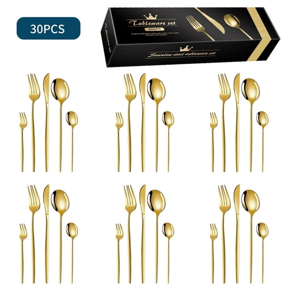 30-Piece Stainless Steel Western Cutlery Set - Steak Knife Fork Spoon Gift Box, 6-Person Mirror Polished Dishwasher Safe