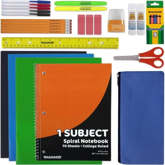 30 Piece Stationary Kit with 1 Spiral Notebook, 5 Pens, 5 Pencils, 5 Crayons, 3 Folders, 3 Erasers, 2 Text Brighteners, 2 G. Sticks, 1 Scissor, 1 Ruler, 1 Sharpener & 1 Soft Pencil Case