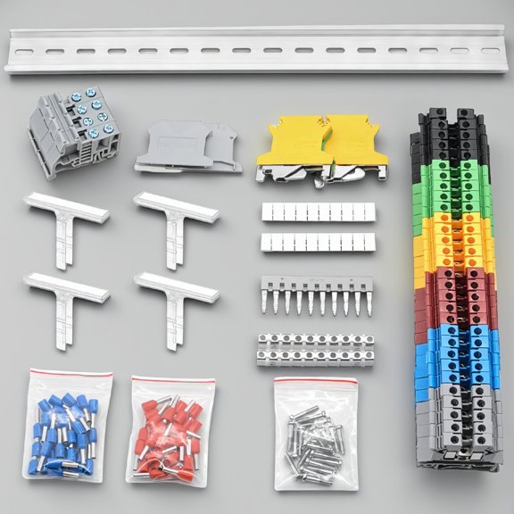 30-Piece Terminal Set, DIN Rail Mount, 6 Colors, Flame-Retardant Housing, Includes Guide Rail, Grounding Terminals & Ferrule Lugs