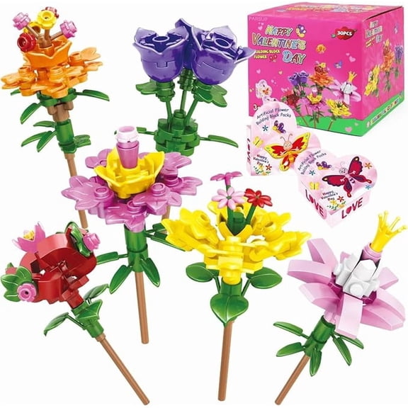 30 Piece Valentines Day Gifts with 6 Artificial Flower Building Block Sets and Gift Boxes for Classroom Exchange