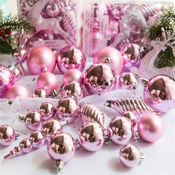 30 Pieces of Assorted Pink Christmas Ball Ornaments Shatterproof Seasonal Decorative Hanging Baubles Set with Reusable Hand-held Gift Package for Holiday Christmas Tree Decorations