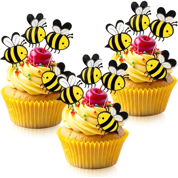 30 Pieces Bee Cake Toppers, Double Layer Bee Card Cake Toppers Little Bee Cake Decorations Bumble Figurine Cupcake Picks for Bee Themed Party Weddings Celebrationsor Birthday Decorations