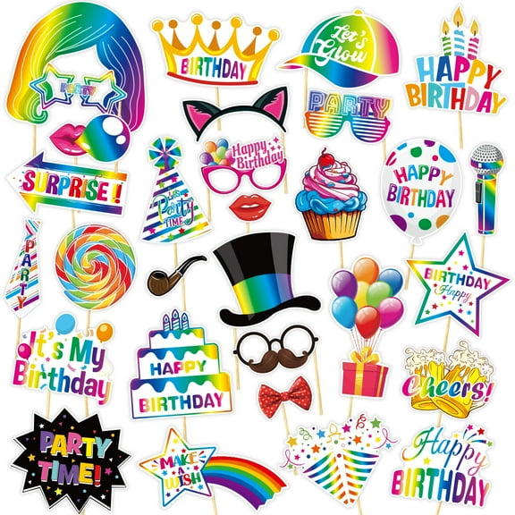 30 Pieces Birthday Photo Booth Props for Weddings Graduation Party Supplies Disco Mardi Gras Party Decoration Set with Hats Glasses Tie Crowns for Women Teens