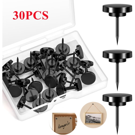 30 Pieces Black Thumb Tacks, Metal Push Pins, Zin Alloy Tacks for Wall, Picture Hanging Hooks, Picture Hangers, Poster Wall Tacks for Bulletin Boards Decorative