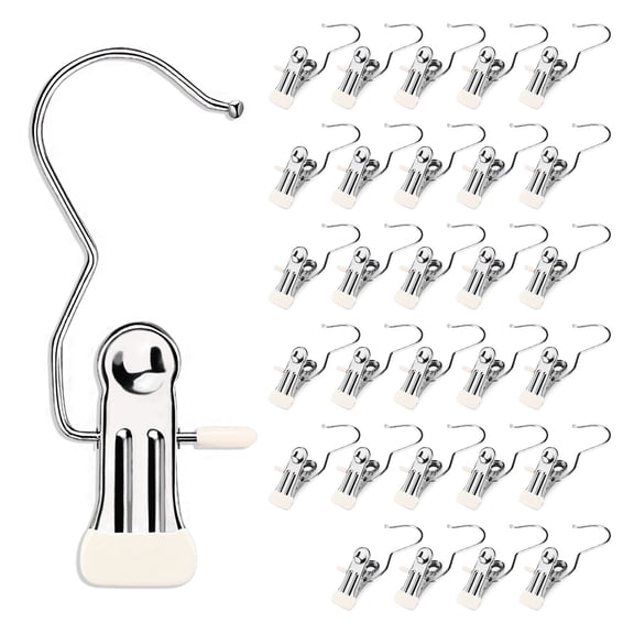 30 Pieces Boot Hanger Clips with Hook, Multifunctional Stainless Steel Clothes Pins, Space Saving Single Hanging Clips for Closet Pants Hats Socks Gloves Towels, White