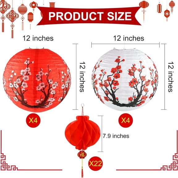 30-Pieces Chinese Japanese Paper Lantern Kit, 12 Inches Cherry Blossom Japanese Chinese Paper Lantern with Red Cherry Flower for Spring Festival New Year Hibachi World Theme Birthday Party