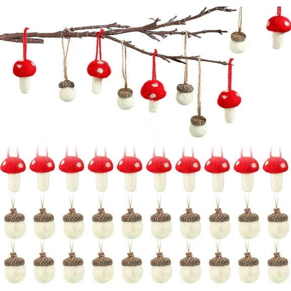 30 Pieces Christmas Felt Acorn Ornaments, Mushroom Hanging Ornaments with Rope, Wool Felt Acorns Hanging Ornaments for Fall Thanksgiving Christmas Tree Wall Home Decor