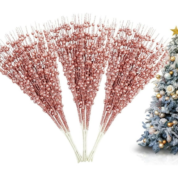 30 Pieces Christmas Picks for Tree, Artificial Glitter Berries Stems, 17Inch Christmas Decorations Indoor, Winter Christmas Picks Berry Sprays Twig Glitter Berry for Xmas Tree Ornaments(Rose Gold)