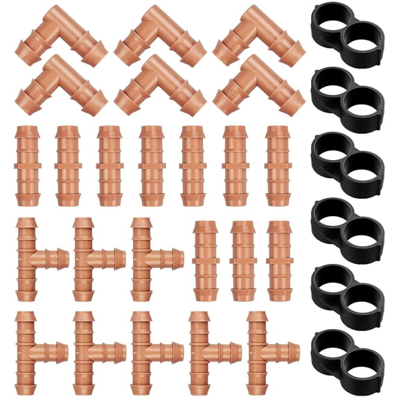 30 Pieces Drip Irrigation Kit:Drip Irrigation Parts for 1/2 Inch Drip Irrigation Tubing with 17mm 0.600" ID Drip Line Fittings Barbed Connectors Including 10 Couplings 8 Tees 6 Elbows 6 Plugs