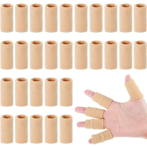 30 Pieces Finger Sleeves With 1 Storage Bag, Thumb Splint Brace Support Protector Breathable Elastic Finger Tape For Pain Relief Arthritis Trigger Finger Sports Basketball Baseball (Beige)