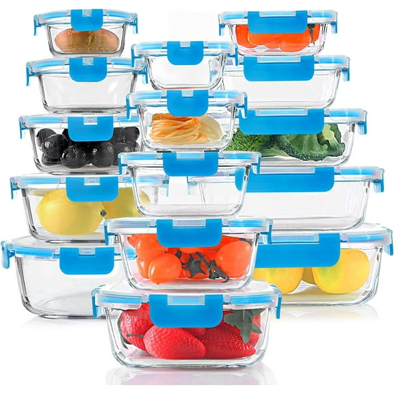 30 Pieces Glass Food Storage Containers, Meal Prep Set with Snap Locking Lids, Airtight lunch Containers, BPA-Free, Microwave, Oven, Freezer & Dishwasher Friendly,Blue