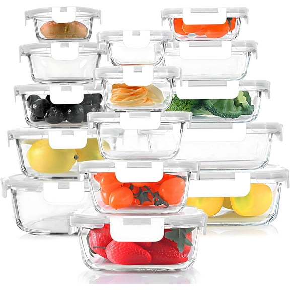 30 Pieces Glass Food Storage Containers Set, Glass Meal Prep Containers Set with Snap Locking Lids, Airtight Glass lunch Containers, Microwave, Oven, Freezer & Dishwasher,White