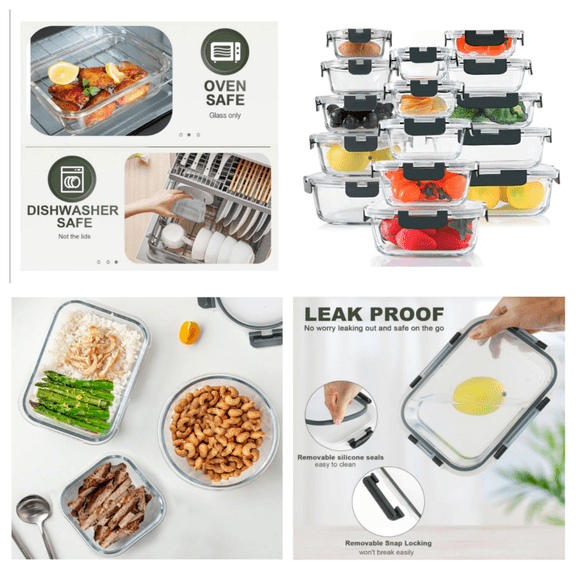 30 Pieces Glass Food Storage Containers Set, Glass Meal Prep Containers Set with Snap Locking Lids, Airtight lunch Containers for Microwave, Oven, Freezer & Dishwasher,Gray