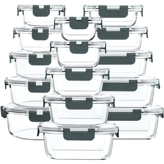 30 Pieces Glass Food Storage Containers with Snap Locking Lids,Glass Meal Prep Containers Set - Airtight Lunch Containers, Microwave, Oven, Freezer and Dishwasher