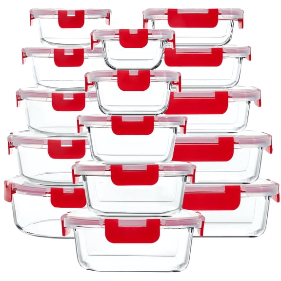 30 Pieces Glass Food Storage Containers With Upgraded Snap Locking Lids Meal Prep Set - Airtight Lunch  Microwave Oven Freezer And Dishwasher Friendly Red