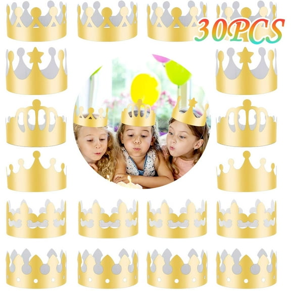30 Pieces Golden King Crowns (6 Style), MSDADA Gold Foil Paper, Party Crown Hat Cap for Birthday,Celebration Baby Shower,Photo Props,New Year and Wedding Anniversary