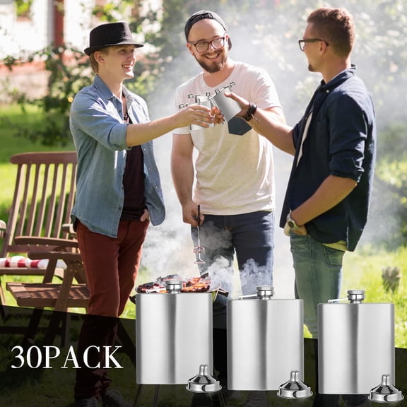 30 Pieces Hip Flasks Set Stainless Steel Liquor Flask with Funnel Metal Leak Proof Flask Pocket Whiskey Flasks for Men Women Bridesmaid Wedding Party Supplies (6 oz, Silver)