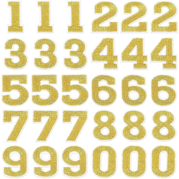 30 Pieces Iron on Numbers Patches, Numbers 0-9 Applique for Clothes, Decorative Repair Patches Sew on Embroidered Applique Patches for Hat, Socks, Jeans, DIY Accessories(1.25 Inches,Gold)