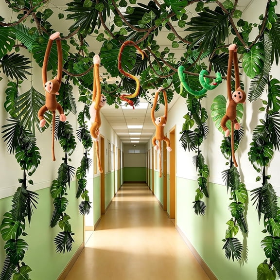 30 Pieces Jungle Theme Party Decorations Tropical Rainforest Leaves with Stuffed Hanging Monkeys Plush Snakes 13 ft Pothos Vines 20 ft Artificial Rattans for Indoor Outdoor Forest Garden Party