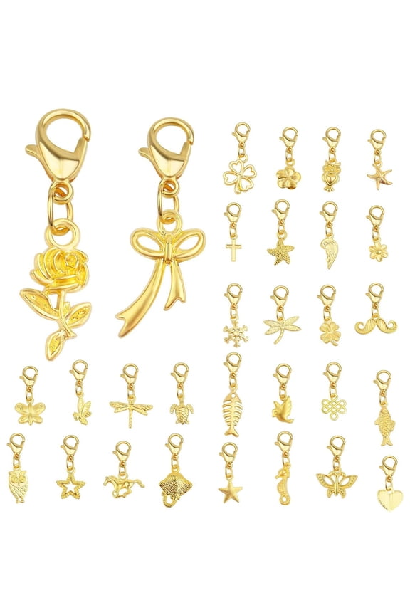 30 Pieces Mixed Styles Dangle Charms with Lobster Clasp Golden Clip on Charm Pendants Craft Supplies for DIY Earrings Jewelry Making Accessories