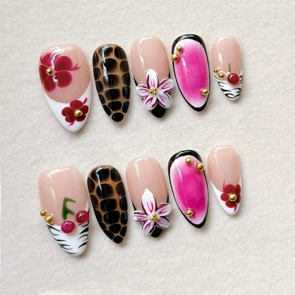 30 Pieces Sweet Blush 3D Flower Almond Press-On Nails, Premium Leopard Print Cherry French Nail Tips, Removable False Nails for Women