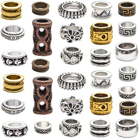 30 Pieces Tibetan Style Metal Beads Dreadlock Beads Large Hole Rodelle Round Loose Beads for Necklace Bracelet Jewelry Making Accessories Hair Decoration
