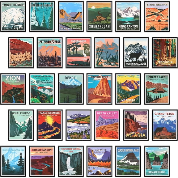 30 Pieces Vintage Poster Set National Parks Nature Wall Art Travel Prints Wall Art and Mountain Print Posters Unframed for Home Living Room Bedroom Bathroom Decor(Bright Color,Scenery)