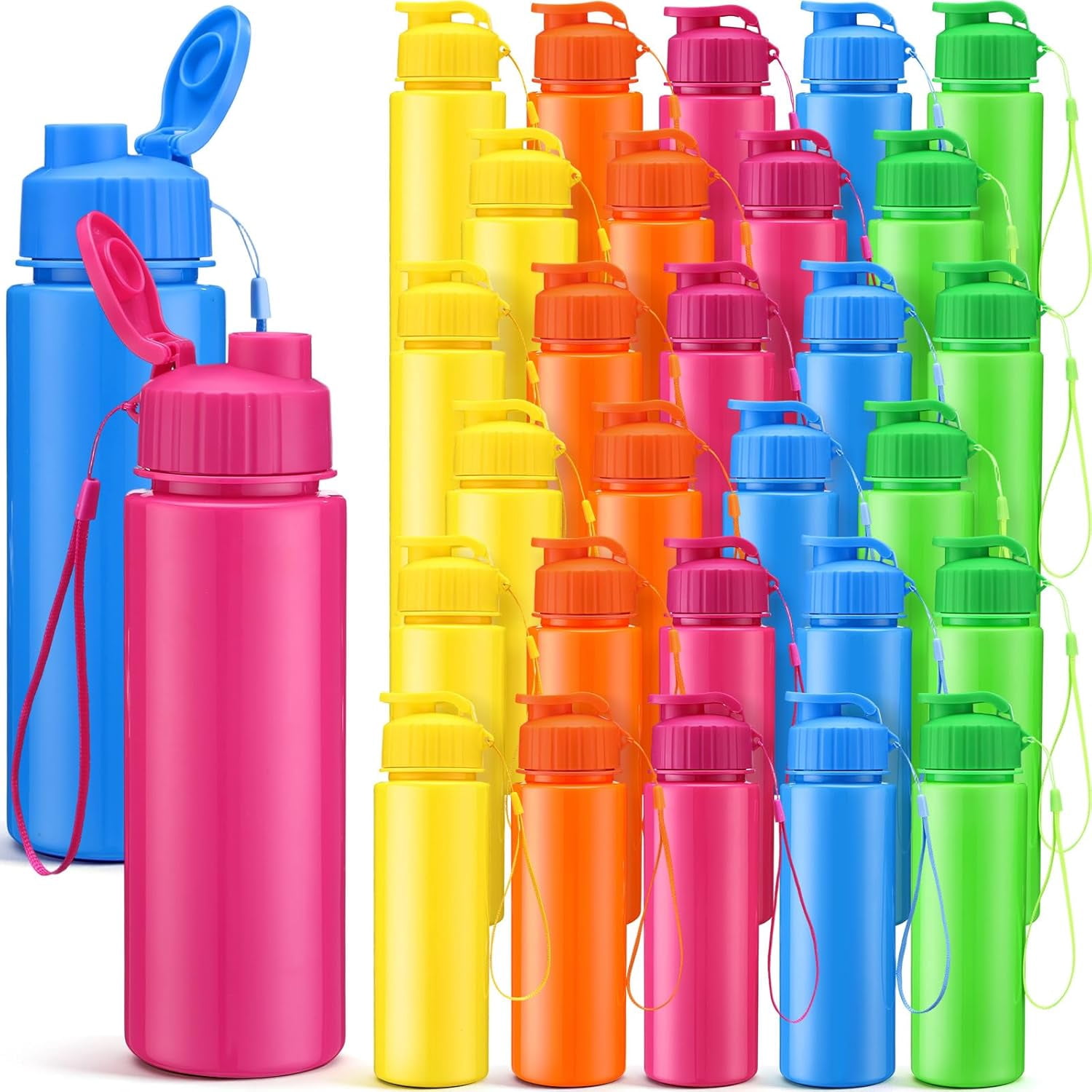 30 Pieces Water Bottle Bulk 17 oz Plastic Sports Water Bottles Bulk with Handle Strap Lightweight Leakproof Drink Flip Top for Adults Fit Gym(Bright Style,Bright Color)