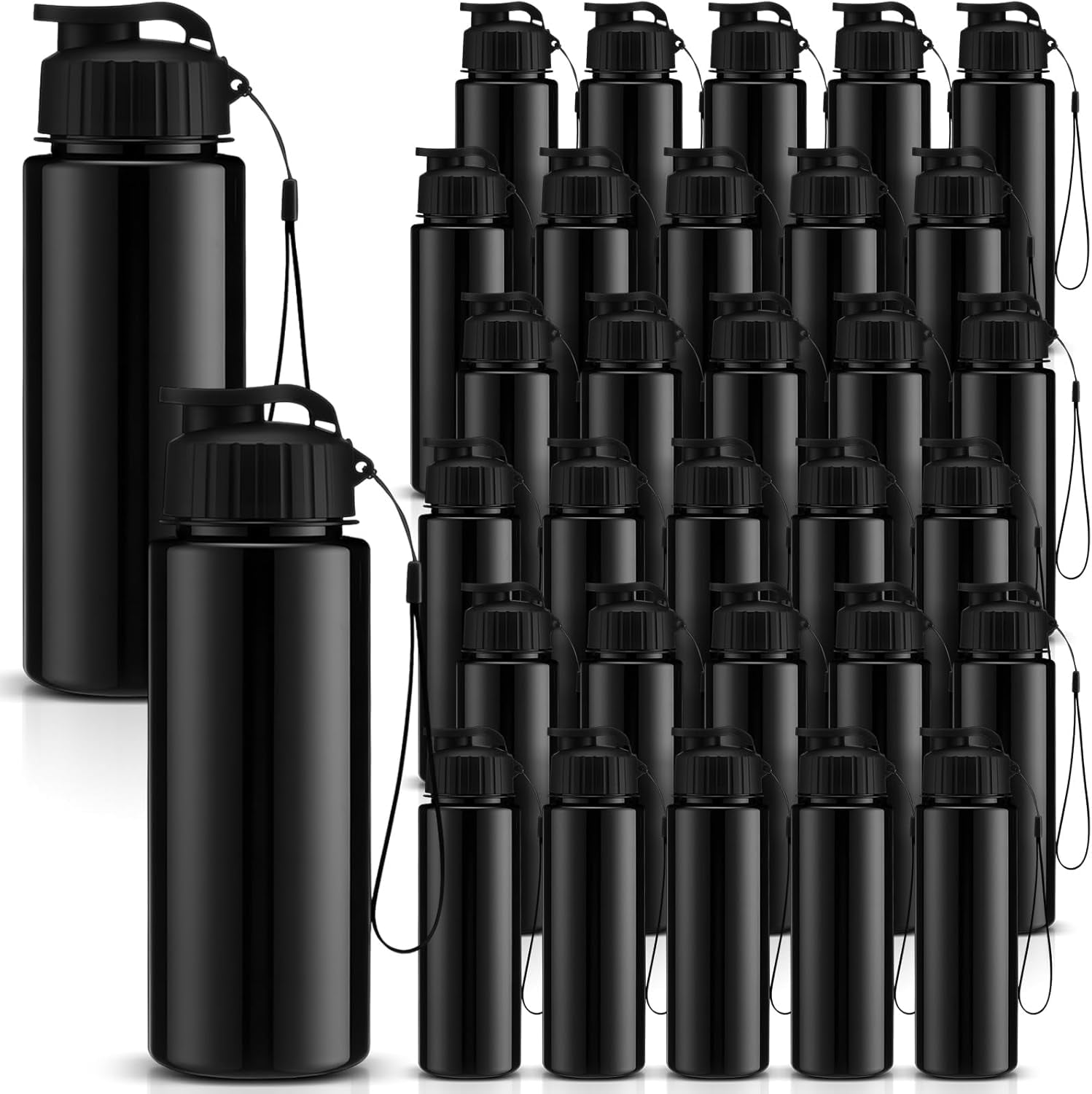 30 Pieces Water Bottle Bulk 17 oz Plastic Sports Water Bottles Bulk with Handle Strap Lightweight Leakproof Drink Flip Top for Adults Fit Gym(Dark Style,Black)