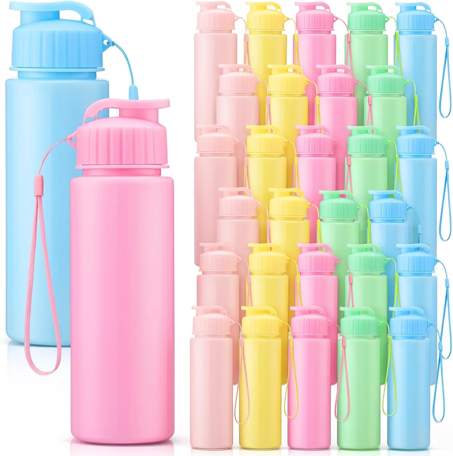 30 Pieces Water Bottle Bulk 17 oz Plastic Sports Water Bottles Bulk with Handle Strap Lightweight Leakproof Drink Flip Top for Adults Fit Gym(Macarons Style,Macarons Color)