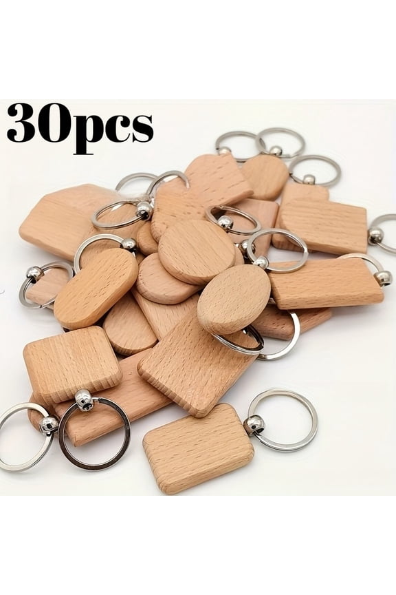30 Pieces Wood Keychain Blank, Three different shapes, Unfinished Laser Engraving Blanks with Key Rings, Rectangular Keychain Ring Tag Wood Sign Bulk for DIY, Crafts Gift, Pet Tags