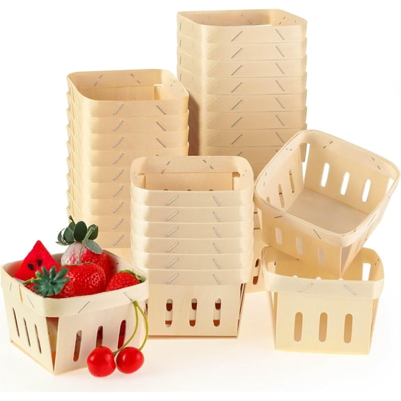 30 Pieces Wooden Berry Basket Bulk One Pint Wooden Gift 4 x 4 x 2.6 Inch Square Vented Baskets Small Picking Wood Boxes Spring Party Decorations for Sweet Baby Shower Gifts Food Storage