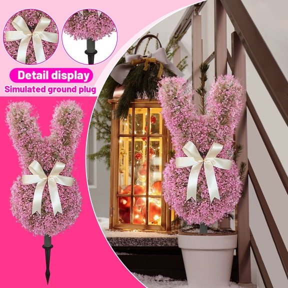 30" Pink Floral Easter Rabbit Topiary Stake - Lavender Faux Bunny Statue Cream Bow - Coquette Fairy Garden Decor - Spring Holiday Egg Hunt Party Prop - Dreamy Outdoor Yard Art