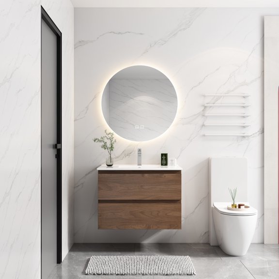 30" Plywood Wall-Mounted Vanity - High-Temperature Fired Ceramic Sink - Soft Close Drawers - Smooth Surface