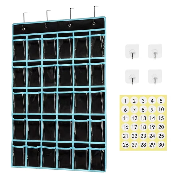 30 Pocket Classroom Pocket Chart Organizer - Cell Phone & Calculator Holder with Number Stickers and Versatile Hooks for Teachers and Students
