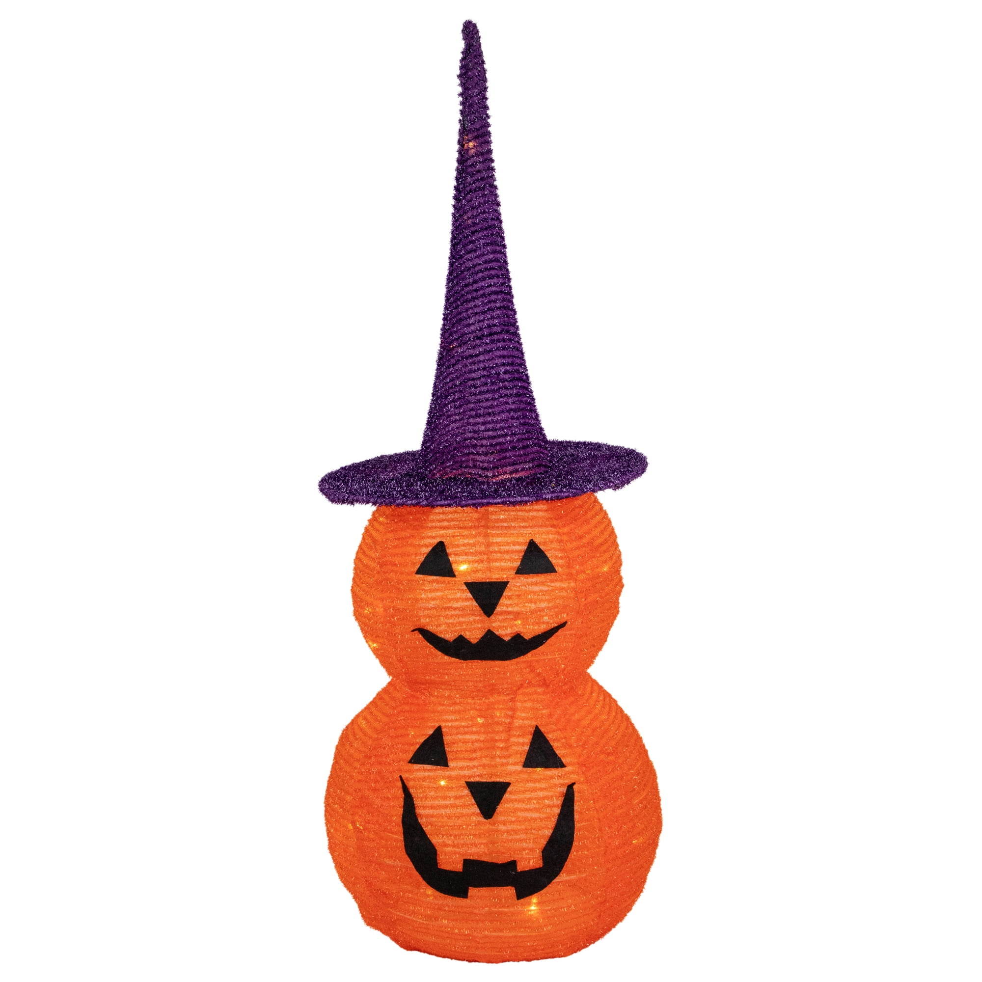 30" Pre-lit Stacked Jack-O-Lanterns with Purple Witch Hat