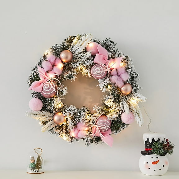 30'' Pre-Lit Christmas Wreath for Front Door with Lights, Large Lighted Outdoor Christmas Wreath with Pink Gold Xmas Balls & Bow for Home Porch Fireplace Window Holiday Wall Decor(Pink)