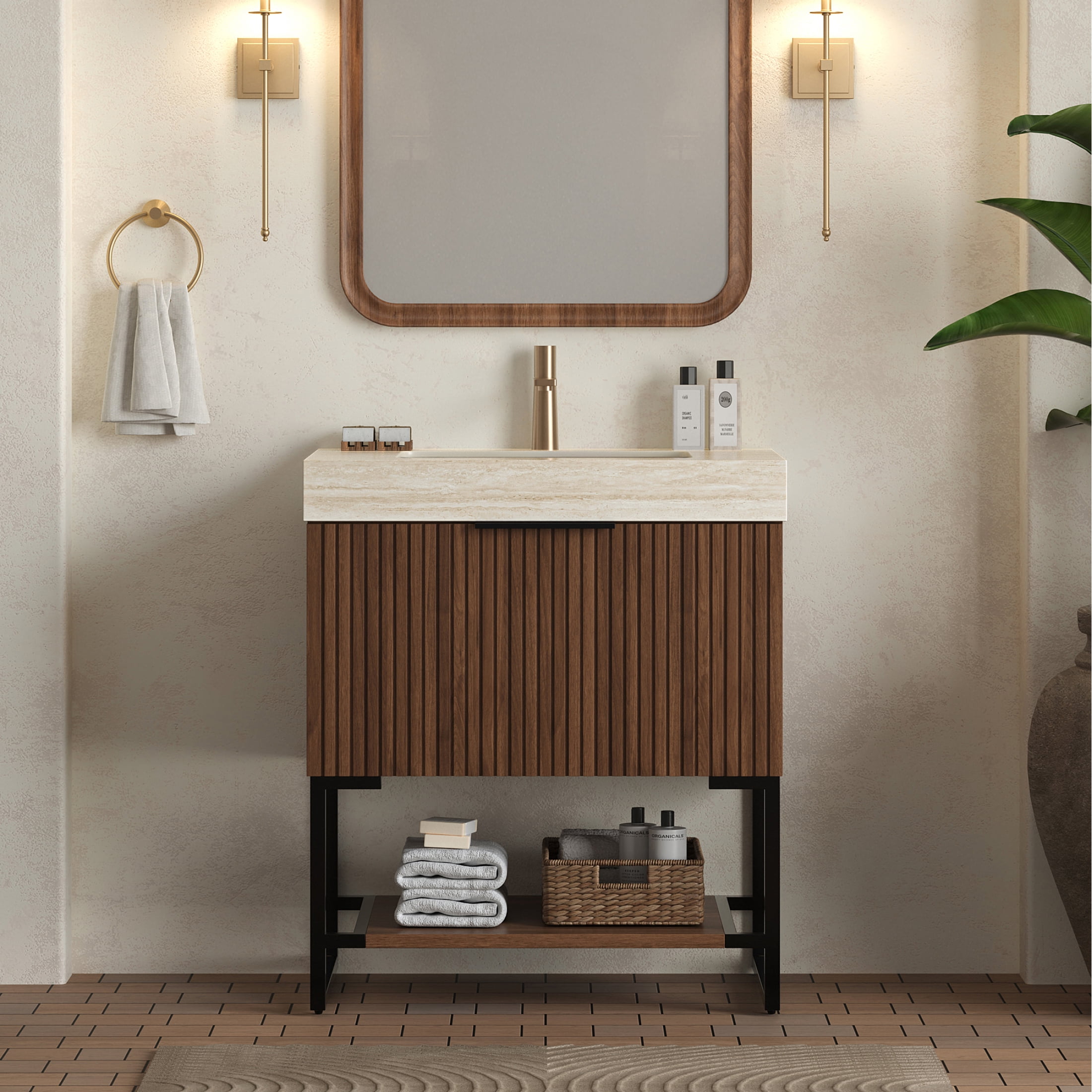 30" Pre-assembled Freestanding Bathroom Vanity with Sintered Stone Top, Drawer and Open Shelf Storage Cabinet