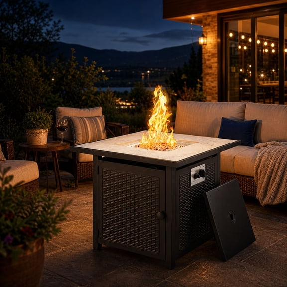 30” Propane Fire Pit Table, 2-in-1 Square Gas Fireplace with Lid & Lava Rocks, 50,000 BTU Outdoor Heating with Rattan-Panel Base, Perfect for Patio and Garden Gatherings