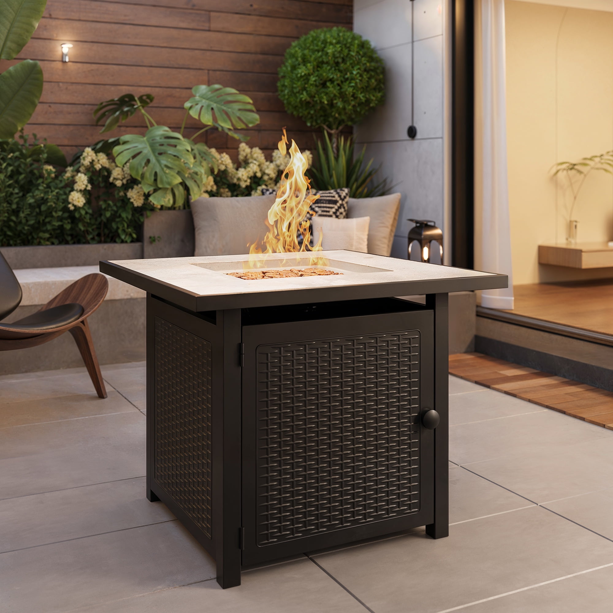 30" Black Iron Gas Fire Pit Table with Lava Rocks
