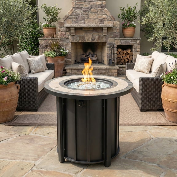30" Propane Fire Pit Table, 50000 BTU Round Steel Fire Pit with Rain Cover