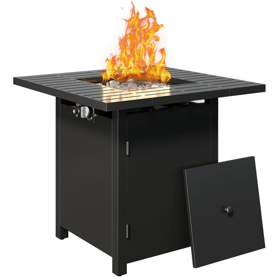 CozyHome 30" Outdoor Propane Fire Pit Table, 50,000 BTU Square Gas Fire Pit with Glass Shield and Removable Lid for Patio & Backyard