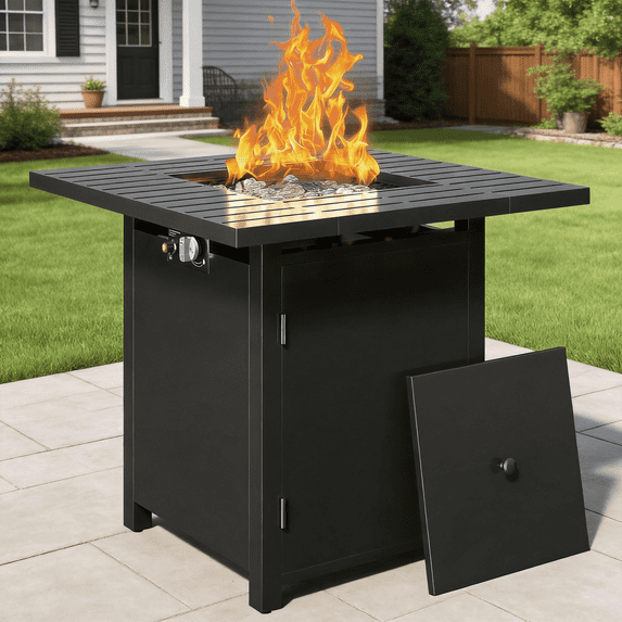Heynemo 30" Propane Fire Pit Table with Lid & Lava Rocks, 50,000 BTU Outdoor Gas Fire Table with Waterproof Cover, Rattan-Style Design for Patio, Backyard & Garden