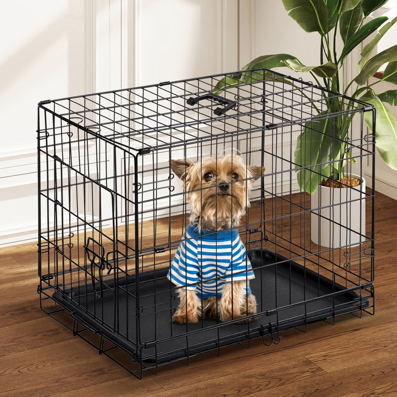 30" Puppy Dog Crate with Divider Panel & Leak-Proof Tray, Single Door Folding Metal Wire Cage, Foldable, Durable Black