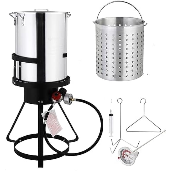 30 Qt. Aluminum Turkey Fryer with Injector Thermometer Kit and 54, 000 BTU Outdoor Propane Stove Burner Stand for 20 Lbs Turkey$$Garden & Patio