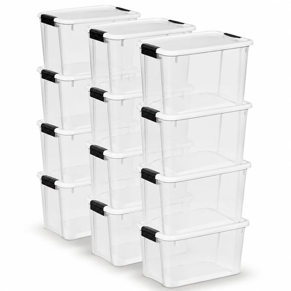 30 Qt Latch Storage Boxes with Secure Lids, 12 Pack Plastic Storage Containers, Stackable Organizer Bins for Home, Office, Closet, Bedroom, Garage and Household Organization