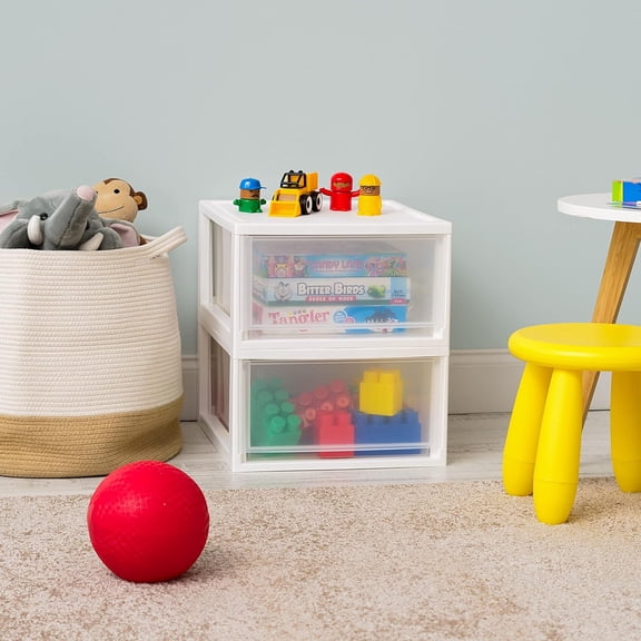 30 Qt. Plastic Drawer Storage Organizer Stacking Drawers, 2-Pack, Stackable Unit with Sliding Drawer for Clothes Bedroom Kitchen Under Sink Pantry Craft Room Bathroom Dorm Office, White